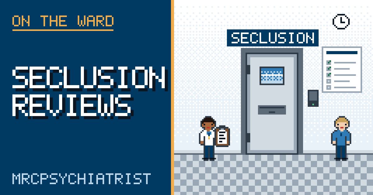 Pixel art: a doctor with a clipboard and a nurse stand outside a heavy seclusion room door with a vision panel and an intercom. A clock and a review sheet with ticks hang on the wall.